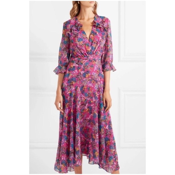 SALONI Edith V-Neck Silk Floral Dress 4 Hot Pink Azalea Blue Party Cocktail ASO - Picture 1 of 10